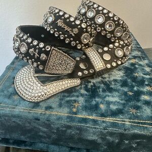 Kippys Black Swarovski crystals Studded Western Belt with Silver Buckle